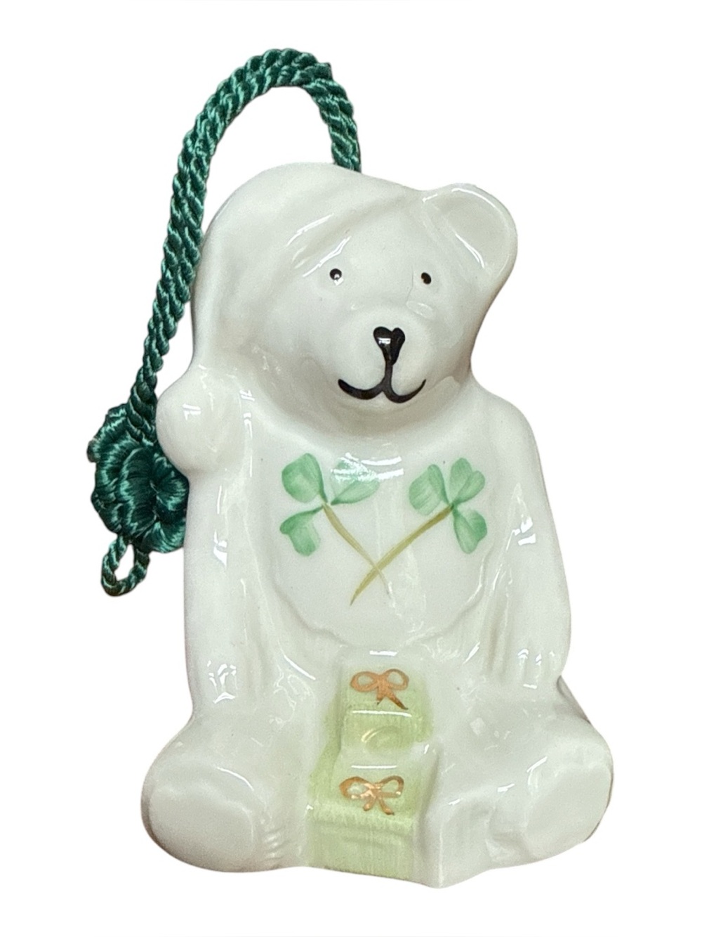 Belleek Teddy Bear Bell Ornament Shamrock Irish Christmas Ireland Pottery